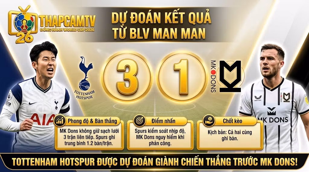 BLV Man Man dự đoán kết quả tỷ số Tottenham 3-1 MK Dons, điểm nhấn chiến thuật và kịch bản bàn thắng trên Thập Cẩm TV.