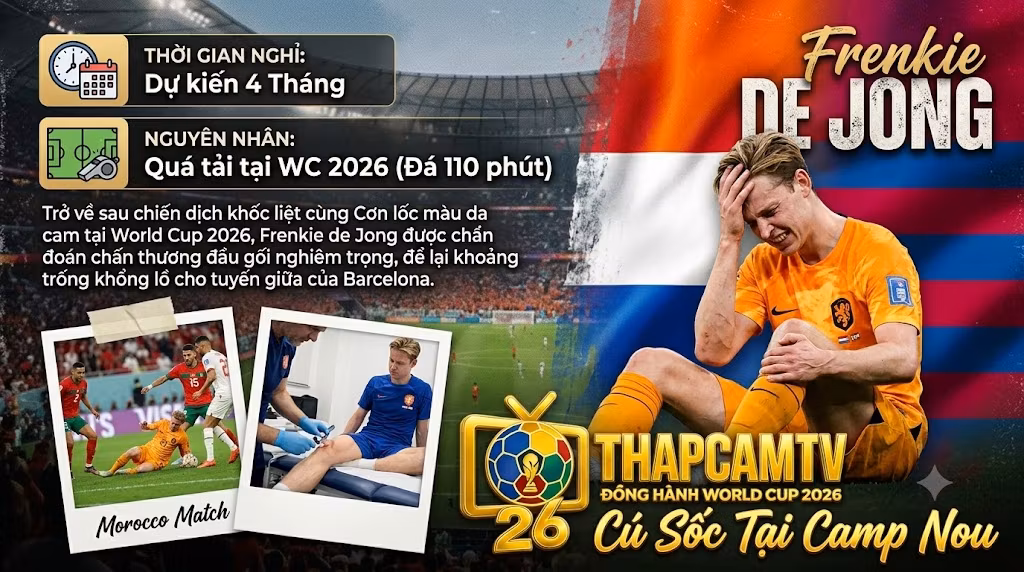 Hình ảnh Frenkie de Jong ôm đầu gối đau đớn do chấn thương nghiêm trọng sau kỳ World Cup 2026, để lại khoảng trống lớn cho Barcelona, tin tức cập nhật từ Thapcamtv.