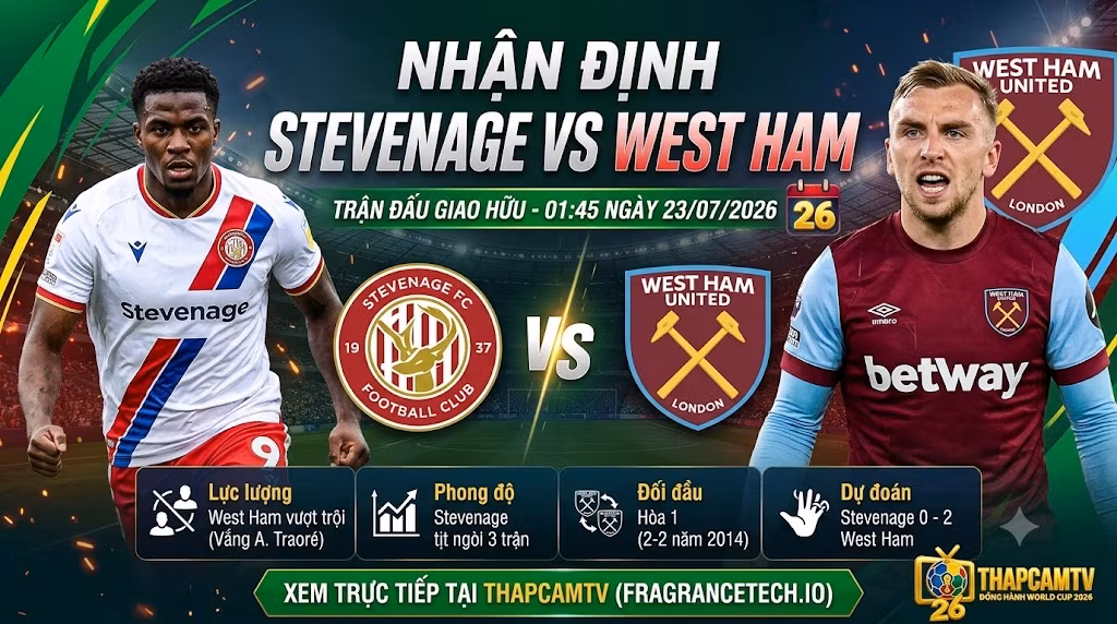 Ảnh bìa nhận định lực lượng, phong độ và đối đầu trận giao hữu giữa Stevenage vs West Ham ngày 23/07/2026 trên ThapcamTV.
