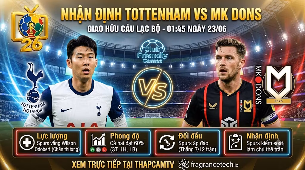 Nhận định trực tiếp trận đấu Tottenham vs MK Dons giải giao hữu CLB 2026, phân tích lực lượng và phong độ chuẩn xác trên ThapcamTV.